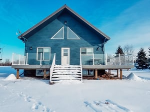cabin with blue siding 